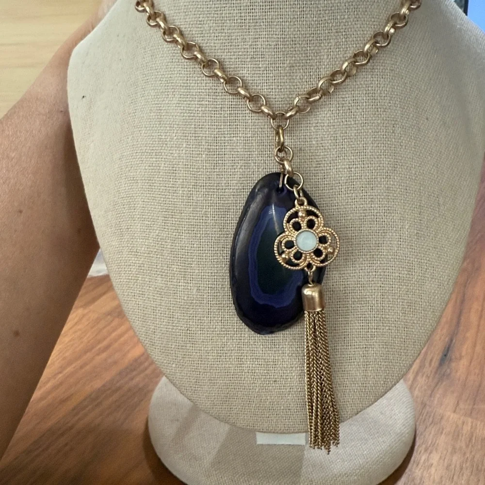 Gold Tone Deep Blue Faux Agate Long Necklace Small Flower Tassel Drop Necklace